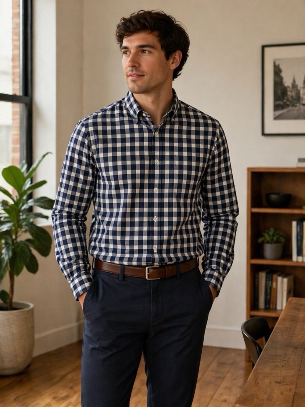 Banana Republic Men’s Grant Fit Navy‎ White Plaid Button Up Shirt Medium Preppy